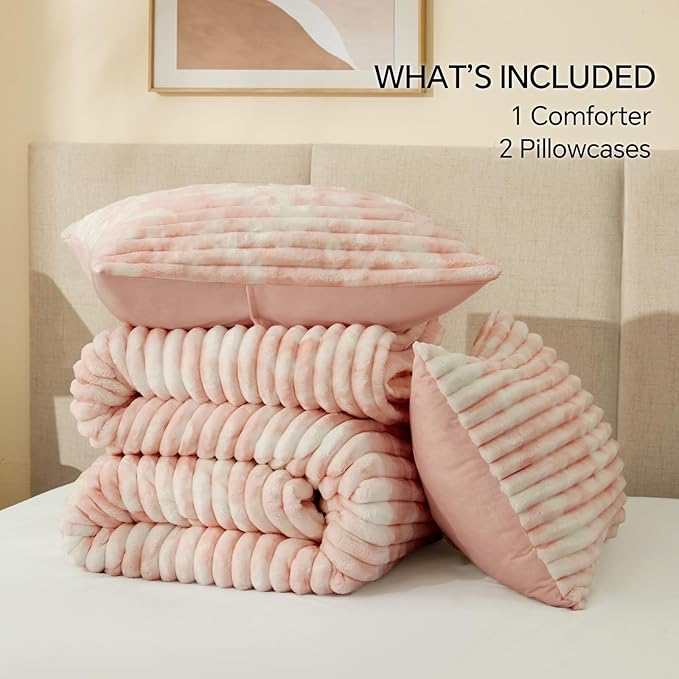 BEDELITE Fleece King Comforter Set -Super Soft & Warm Fluffy Pink&White Bedding, Luxury Fuzzy Heavy Bed Set for Winter with 2 Pillow Cases