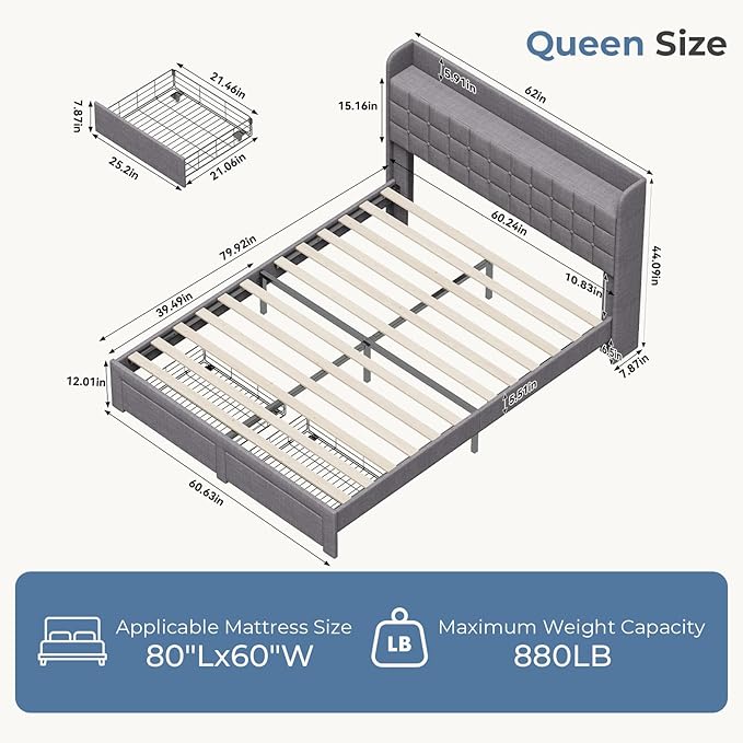 DUMOS Queen Size Upholstered Platform Bed Frame, Queen Bed with Storage Drawers and Fabric Headboard, Wooden Slats Support, 882 lbs Weight Capacity, No Box Spring Needed, Easy Assembly, Gray