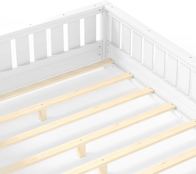 Bellemave Full Size Kids Montessori Bed with Bookshelf,Solid Wood Full Floor Bed Frame with Fence and Slats for Girls Boys,Low-Profile,White