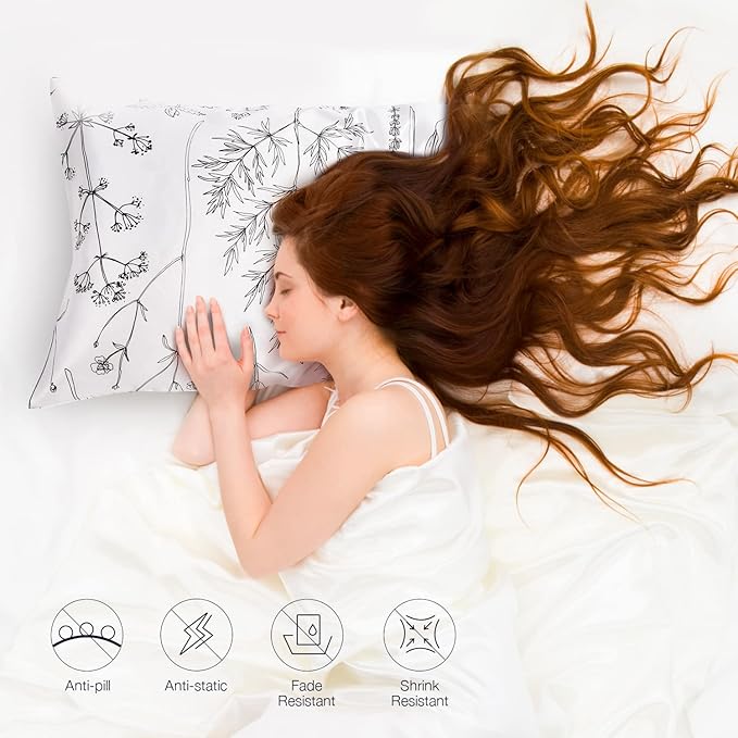 EXQ Home Pillowcase Silky Satin Pillowcase for Hair and Skin,Soft Cooling Printed Pillow Cases Queen Size Set of 2 Satin Pillow Case with Envelope Closure Flowers with White Background