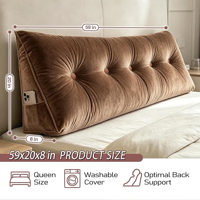 Headboard Pillow Queen, Triangle Wedge Pillow for Headboard, Ergonomic Backrest Cushion for Reading Sitting Working Removable Crystal Velvet Cover for Bed Dorm Sofa (Mocha Brown, Queen)