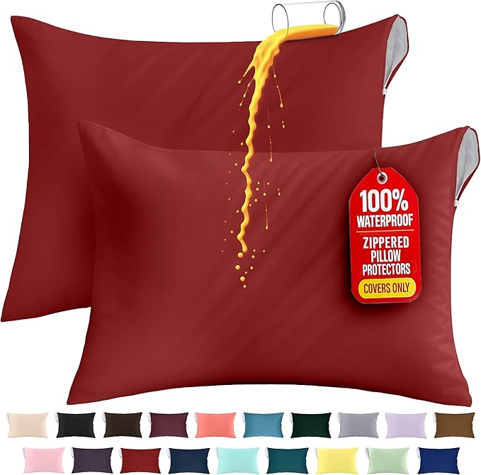 Utopia Bedding Premium 100% Waterproof Pillow Protectors with Zipper Queen Size (Set of 2), Bed Bug and Dust Mite Proof Zippered Pillow Covers, Pillow Encasement Cases, Red