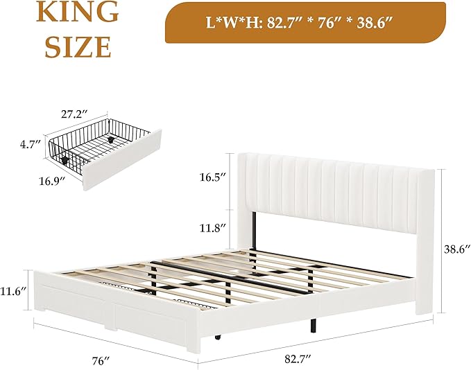 IDEALHOUSE King Bed Frame with Wingback Headboard, Velvet Upholstered Platform Bed with 2 Storage Drawers, Vertical Tufted Headboard Design, Wooden Slats Support, No Box Spring Needed, White