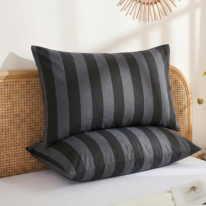 Merryword Standard Size Pillowcases, 100% Cotton Pillow Cases, Black and Gray Striped Pillowcases, Soft Breathable Wide Stripe Pillow Covers, Set of 2