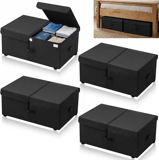 Geelin 4 Pcs Under Bed Storage with Wheels 10" High Underbed Containers with Lids Large Rolling Under Bed Organizer with Handles Underbed Clothes Storage Bins for Clothes Blankets Shoes (Black,24'' L)