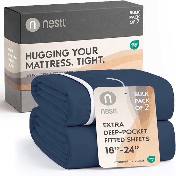 Nestl 2 Pack Navy Blue Fitted Sheet Extra Deep Pocket, Hotel Luxury Twin XLFitted Sheet Only Easily Fits 18 to 24 Inch Mattress, Super Soft, Wrinkle-Free and Breathable with Corner Straps