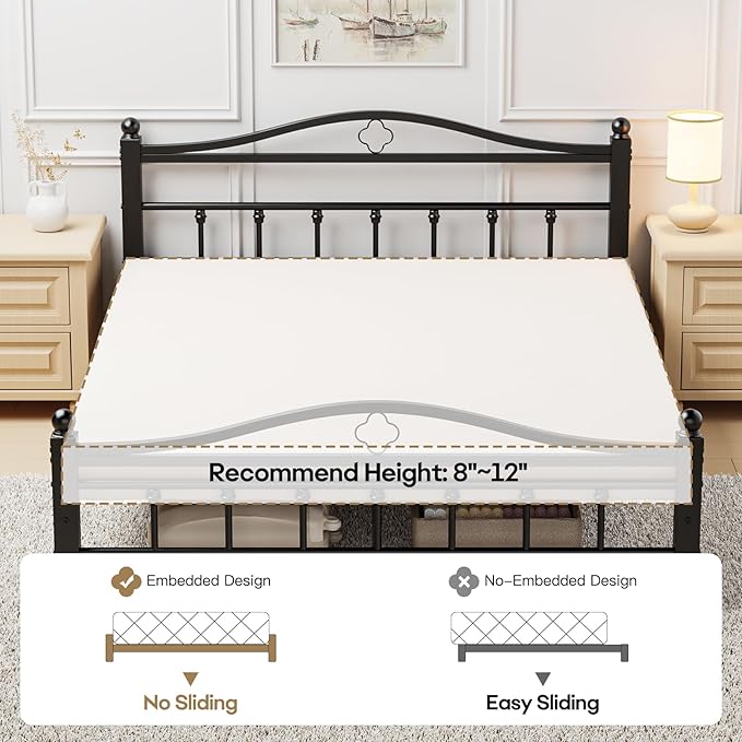 Queen Metal Bed Frame with Headboard, 1500LBS Heavy Duty Queen Bed Frame with Footboard No Box Spring Needed/Noise Free/12'' Under-Bed Storage/Tool-Free Assembly