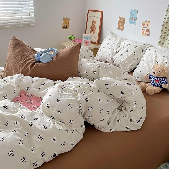 mixinni Vintage Bowknot Pattern Duvet Cover Set - Twin Size, 3 Pieces (1 Duvet Cover + 2 Pillowcases) - Boho Chic Black Bow Design Bedding with Zipper Closure for Girls & Women