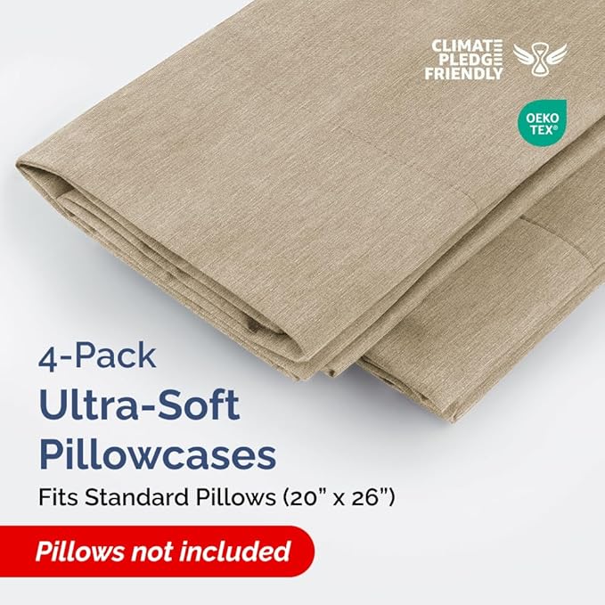 Standard Pillow Cases Set of 4 - Soft Hotel Quality Pillowcase Covers - Comfy Bedding for Women, Men, Kids & Teens - Machine Washable Pillow Protectors - 4 Piece Set - Standard Size Heathered Beige