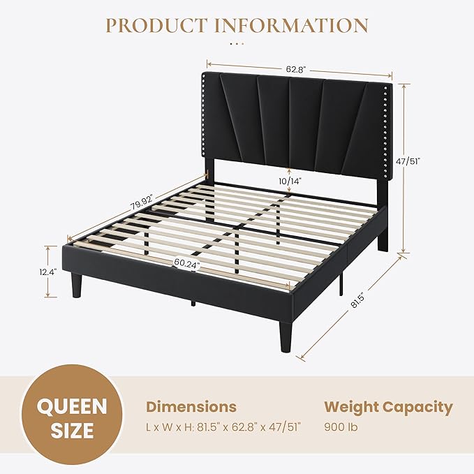 SHA CERLIN Queen Size Bed Frame with Adjustable Upholstered Velvet Rivets Headboard, Sturdy Wooden Slats, Strong Platform Support for Mattress, No Box Spring Needed, Easy Assembly, Black