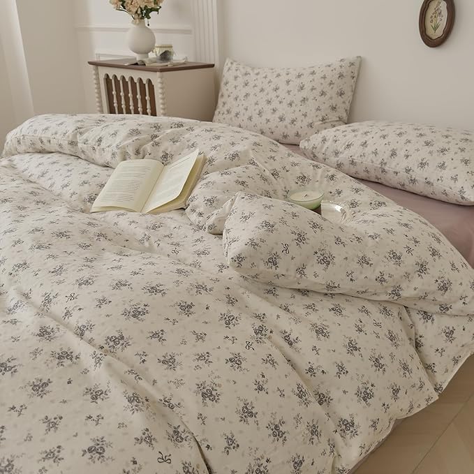 Vintage Gray Ditsy Floral Duvet Cover Set, Cream Off-White Double Layer Gauze Cotton Bedding Set, Soft Breathable Floral Bed Cover for Cottagecore French Country Bedroom Decor, Queen Size