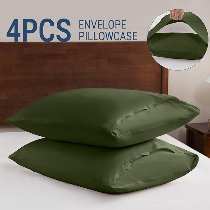 Pillowcases King 4 Pack, 20x36 Pillow Cases with Envelope Closure, Soft Plain Brushed Microfiber Covers Breathable Wrinkle-Resistant, Olive Green
