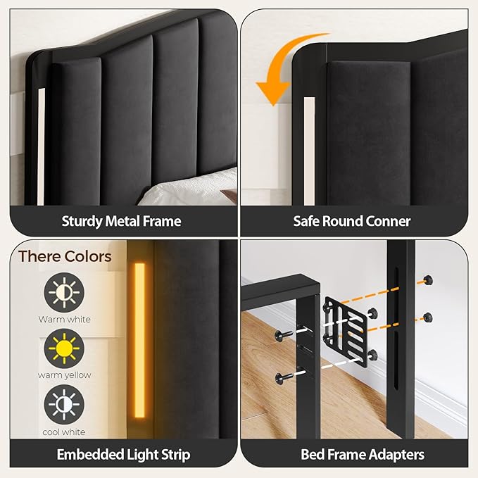 Headboard for King Size Bed with LED Lights, Upholstered Vertical Channel Tufting Head Boards, Velvet Headboard Only, Study & Comfortable, Ideal for Bedroom, Dorm, Guest Room, Black