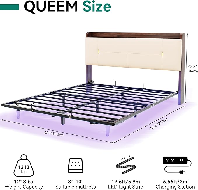 YITAHOME Queen Size Floating Bed Frame with Charging Station, PU Upholstered Platform Bed with 43.3'' Headboard, Hidden Storage, RGB LED Lights, No Box Spring Needed, Easy Assembly, Noise-Free, Beige