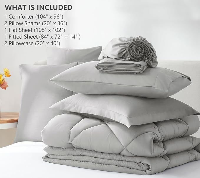 CozyLux California King Comforter Set Light Grey - Cal King Bed in a Bag 7 Pieces, Luxury Soft Bed Set for All Seasons, Bedding Set with Down Alternative Comforter, Sheets, Pillowcases & Shams