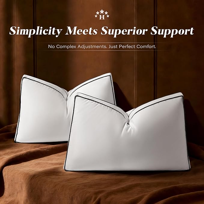 Soft Thin Goose Feather Down Pillows Standard Size Set of 2, Flat Down Surrounded Hotel Collection Bed Pillow with Gusset, 2 Pack, Plush for Stomach, Back Sleepers 20x26 in.