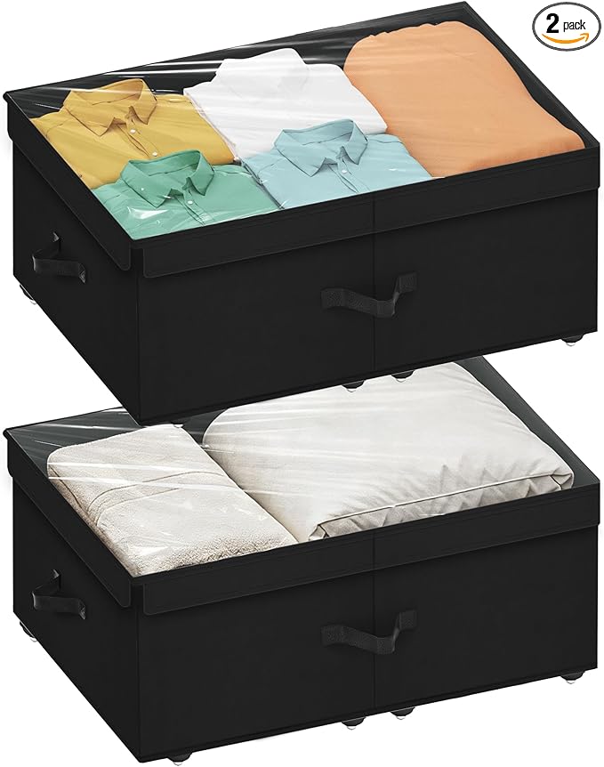 Large Under Bed Storage with Wheels, 10" Height Rolling Underbed Storage Containers Bins with Lid, Deep No-Assembly Under Dorm Bed Storage Drawers for Shoes, Clothes, Blankets (2 Pack, Black)