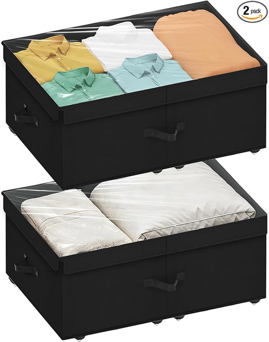 Large Under Bed Storage with Wheels, 10" Height Rolling Underbed Storage Containers Bins with Lid, Deep No-Assembly Under Dorm Bed Storage Drawers for Shoes, Clothes, Blankets (2 Pack, Black)