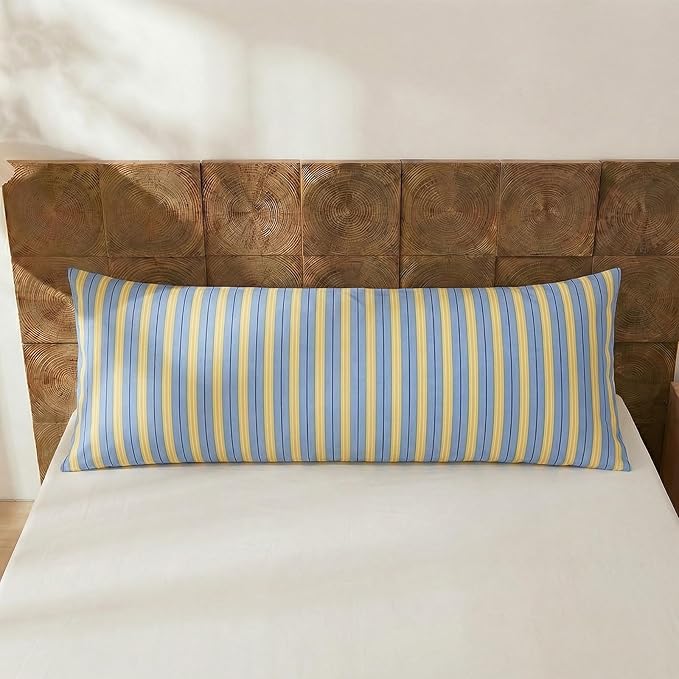 Merryword Body Pillow Cover 20x54inches, 100% Cotton Pillow Case, Blue & Yellow Striped Pillowcase, Soft Breathable Ribbon Stripes Long Pillowcase, 1-Piece