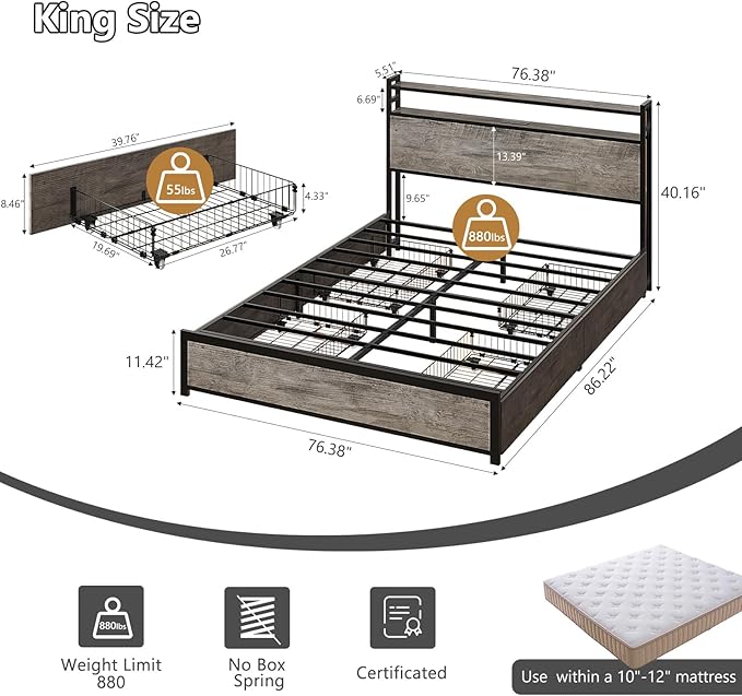 VINGLI King Bed Frame with 4 Storage Drawers and Adjustable Headboard Shelf, Metal Platform Captain Bed with Charging Station and RGB LED Lights, No Box Spring Needed, Noise Free, Wash Grey