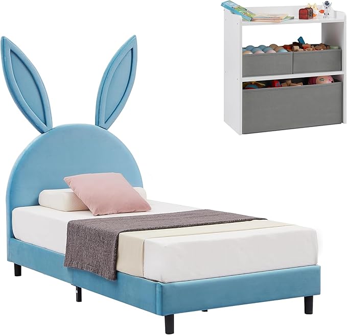 VECELO Twin Size Bed Frame with Storage Organizer, Heavy-Duty Platform with Rabbit Shaped Headboard for Girls Kids Room, Easy Assembly, Blue