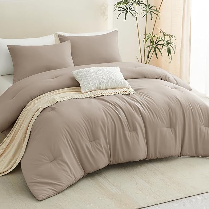 CozyLux King Size Comforter Set Khaki, 3 Pieces Solid Comforters King Size Breathable Quilted Bedding Sets, Luxury Soft Lightweight Bed Set with Down Alternative Comforter and 2 Pillowcases All Season