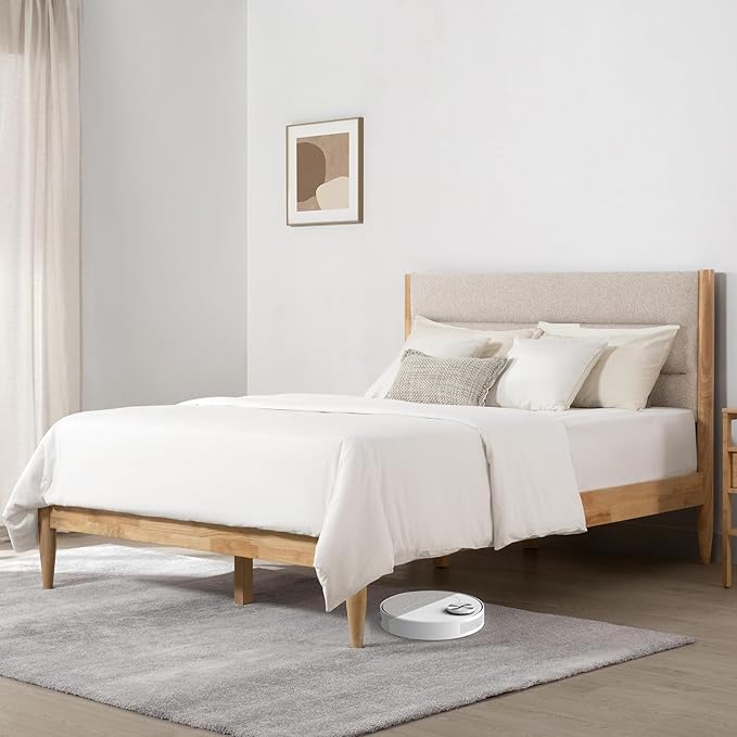KISLOT Wood Bed Frame with Headboard Upholstered Platform Mattress Foundation,Strong Wooden Slat Support,No Box Spring Needed