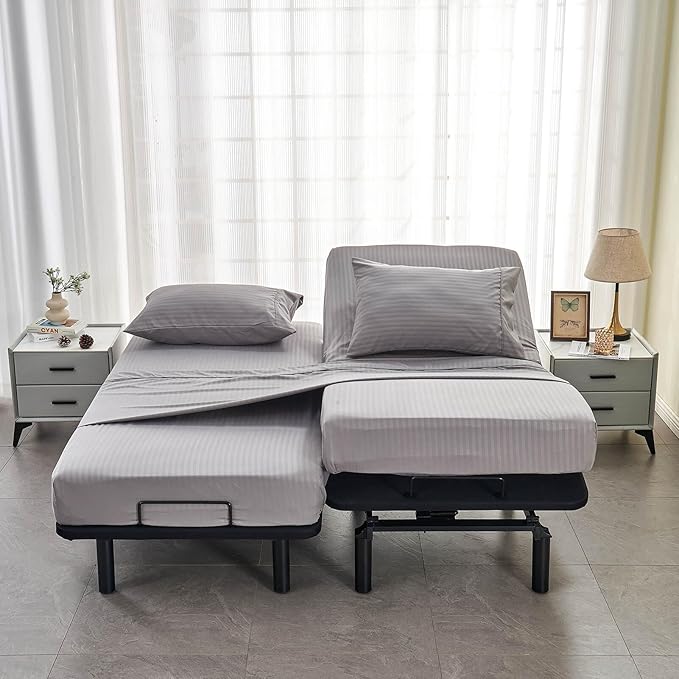 Kingnex Striped Split California King Sheets Sets for Adjustable Bed with Deep Pocket 5 Pieces Include 2 Cali Twin XL Fitted Sheets 1 Flat Sheet 2 King Size Pillowcases Grey