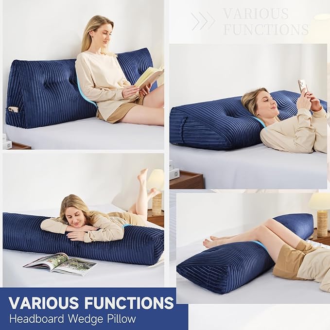 Z-hom Large Headboard Pillow Twin, NO ROLL Pillow, Wedge Pillow Headboard for Sitting Up in Bed, Backrest Support Triangular Cushion for Reading, Gap Pillow w/Removable Washable Cover,Blue
