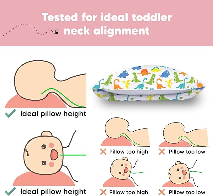 Toddler Pillow with Pillowcase - 13x18 My Little Dreamy Kids Travel Bed Pillows for Sleeping, Organic Cotton Small Pillowcase, Soft & Breathable, Machine Washable, Toddlers 2-5 Years Old (Happy Dino)