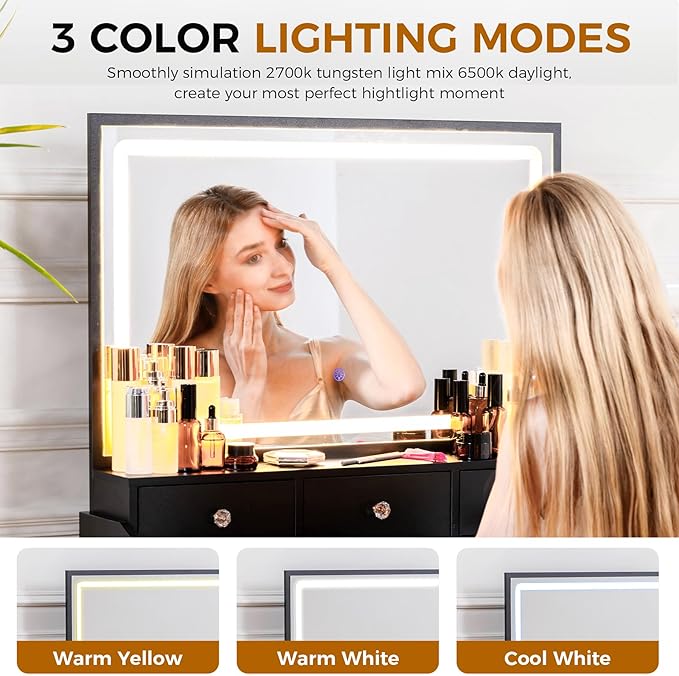 COMHOMA Vanity Desk with LED Lights Mirror & Power Outlet, Small Makeup Vanity Table Set with 5 Storage Drawers, 3 Lighting Modes & Adjustable Brightness, Dressing Table for Women Girls Bedroom, Black