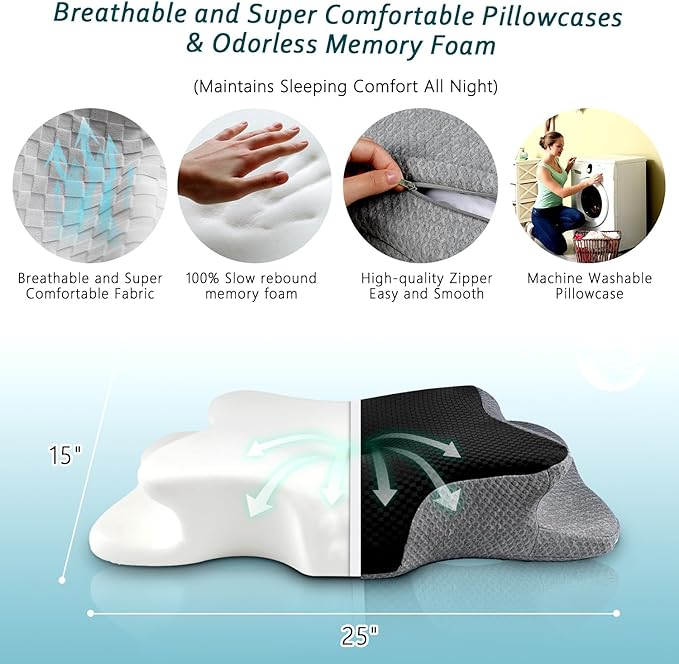 CHxxy Cervical Neck Pillow for Pain Relief Sleeping, Memory Foam Pillows, Ergonomic Side Sleeper Pillows Orthopedic Neck Support Pillow for Back Stomach Sleepers-King Size Black&Grey