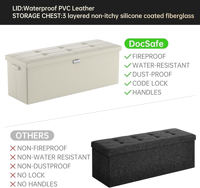 DocSafe Storage Ottoman Bench,Fireproof＆Waterproof Folding Bench with Lock(15”x 43”x15”),Leather Storage Chest with Handles＆2 Extra Boxes,Ottoman Safe for Bedroom,Living Room,Home Office,Beige