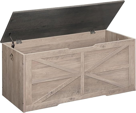CHOEZON Storage Chest, 43.3" Wooden Storage Trunk, Retro Storage Bench with Safety Hinge, Toy Box, Farmhouse Style, for Bedroom, Living Room, Charcoal Gray and Greige MCW11HC