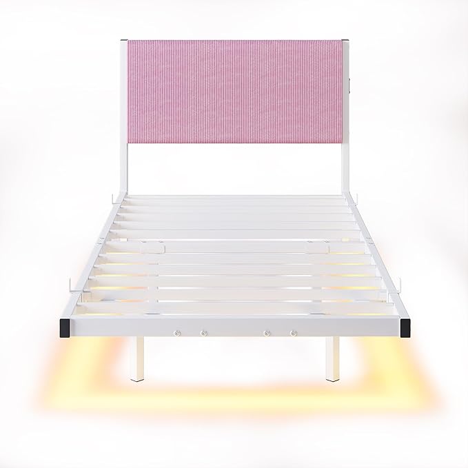 Twin Size Floating Bed Frame with LED Lights & USB Charging Station,Pink Twin Bed Frame with Headboard,Heavy Duty Metal Platform Bed for Girls,Strong Slats Support,No Box Spring Needed,Easy Assembly