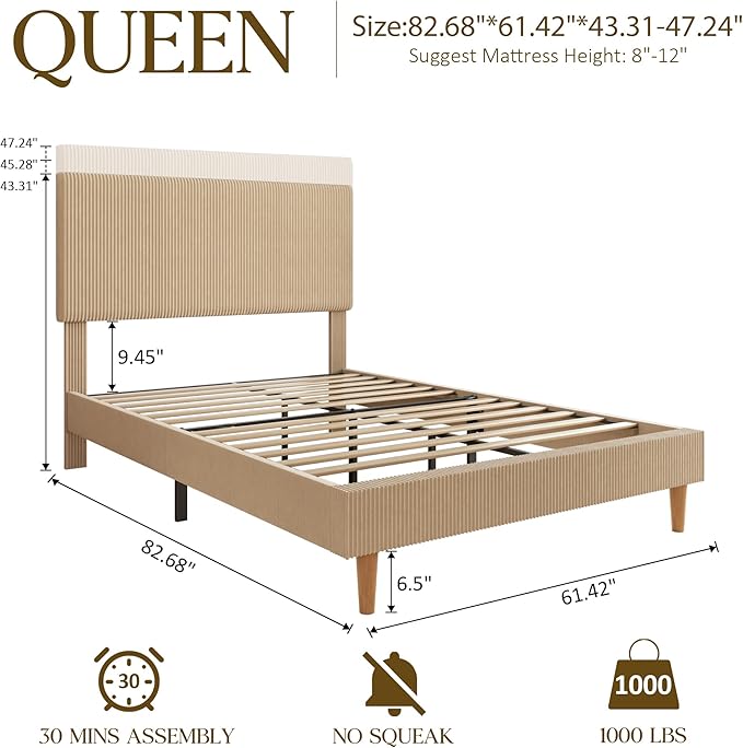 Queen Size Bed Frame, Upholstered Platform Bed with Adjustable Headboard, Vertical Fluted Tufted, Soft Corduroy Fabric, Strong Wooden Slats Support, No Box Spring Needed, Easy Assembly, Brown