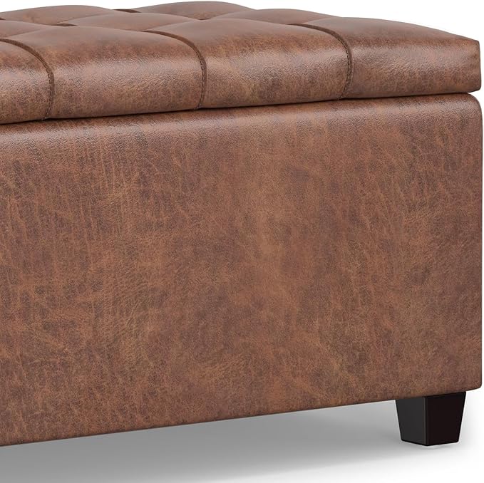SIMPLIHOME Sienna Storage Ottoman Bench - 33 inch Wide Upholstered Vegan Leather Rectangle Storage Ottoman Bench in Distressed Saddle Brown, Transitional Tufted Ottoman for Living Room with Lift Top