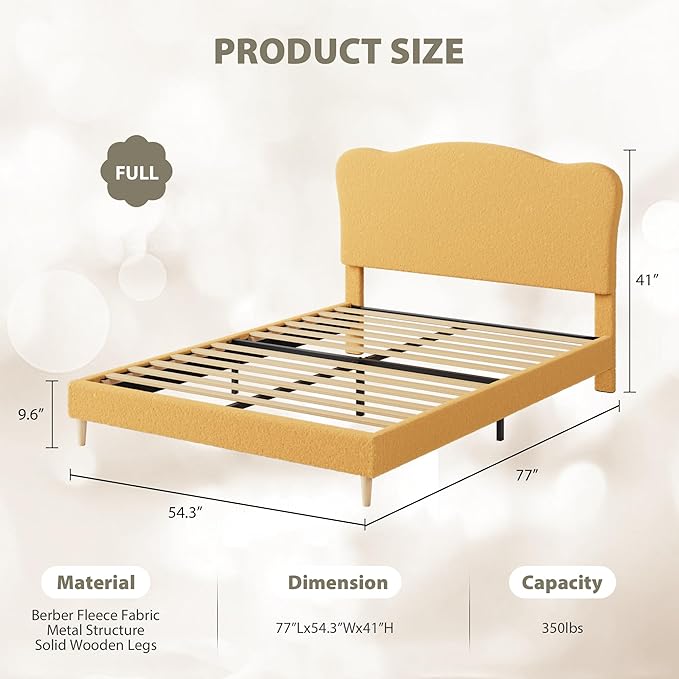 GarveeHome Upholstered Full Size Bed Frame for Kids with Scallop Headboard, Cute Velvet Full Bed for Girls, Boys, Sturdy Platform Bed, No Box Spring Needed, Wooden Slats, Noise Free, Yellow