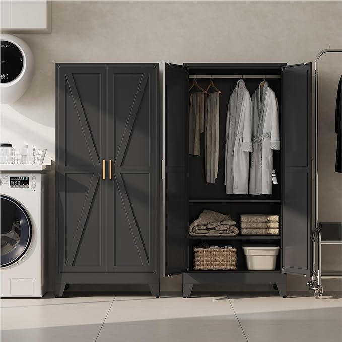 Baborokic Metal Armoire Wardrobe Closet with Hanging Rod,71H Metal Cabinet with Doors and Shelves,Freestanding Bedroom Armoire Closet,Storage Cabinets for Bedroom,Office,Laundry Room(Black)