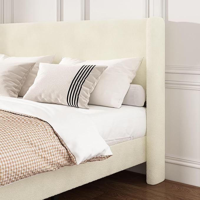 King Boucle Bed Frame, Platform Bed with Upholstered Wingback Headboard, Strong Wooden Slats Support, Noise-Free, No Box Spring Needed, Easy Assembly, Beige