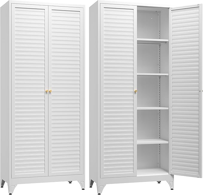 SteeLoong Kitchen Pantry Cabinet,75" Metal Storage Cabinet with Doors and 4 Adjustable Shelves,White Tall Locker Organizer Steel Garage Cabinets for Tool,File Cabinet for Office,Kitchen,Garage,School