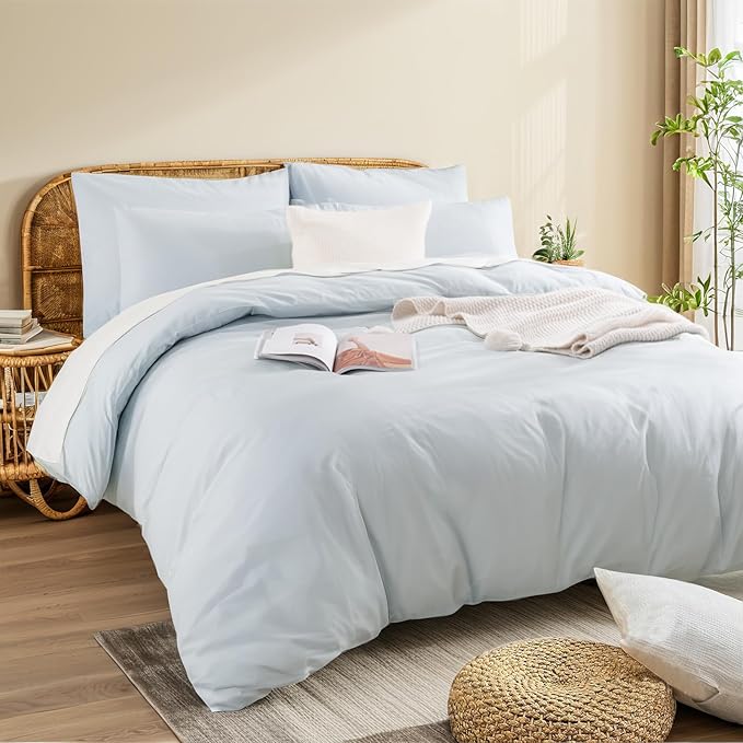 NEXHOME PRO Duvet Cover Set Twin Size Linen Look Textured Organic Natural 100% Washed Cotton Duvet Cover 2 Pieces Bedding Set with Zipper Closure, Breathable, Soft, Light Baby Blue (No Comforter)
