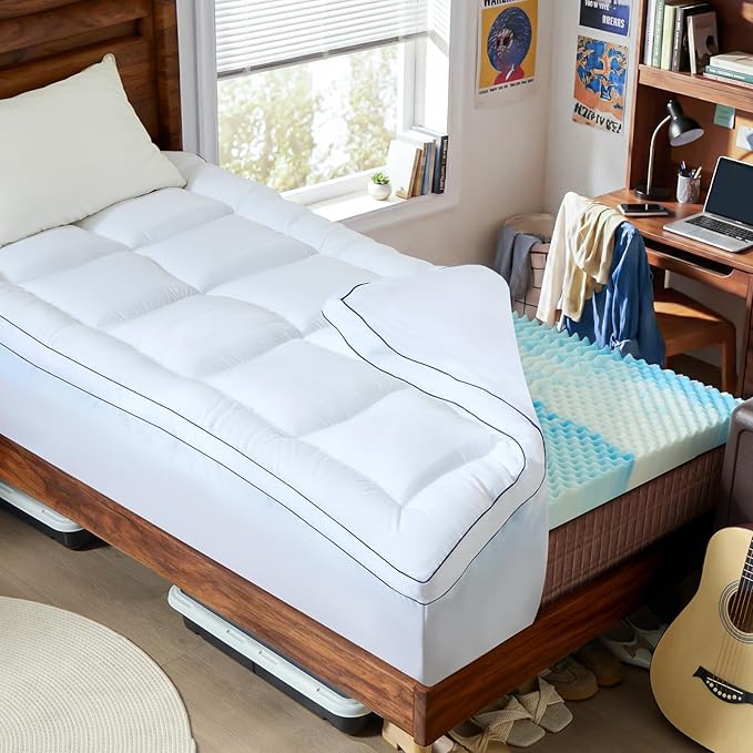 Twin XL Size 4 Inch Dual Layer Mattress Topper, 2 Inch Fluffy Soft Pillow Top Mattress Pad Cover and 2 Inch Gel Memory Foam for Back Pain Relief, Breathable, Cooling