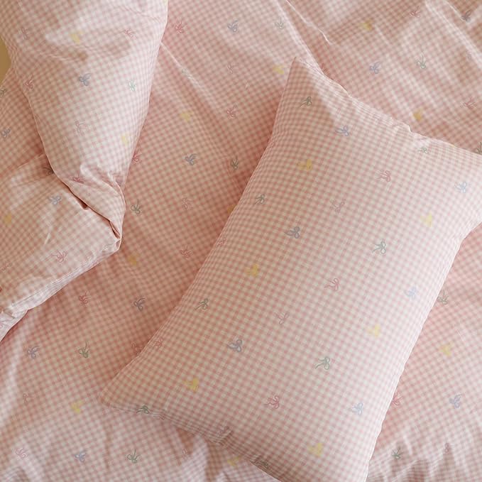 mixinni Gingham Duvet Cover Queen Size, 100% Cotton Light Pink and White Gingham Bedding Set for Girls, Cute Bow Print Soft Aesthetic Cottagecore Bedding 3 Pieces (1 Duvet Cover + 2 Pillowcases)