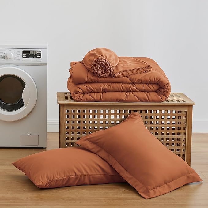 Love's cabin Twin XL Comforter Set Terracotta, 5 Pieces Twin XL Bed in a Bag, All Season Bedding Sets with 1 Comforter, 1 Flat Sheet, 1 Fitted Sheet, 1 Pillowcase and 1 Pillow Sham | Soft, Breathable, Lightweight, Comfortable