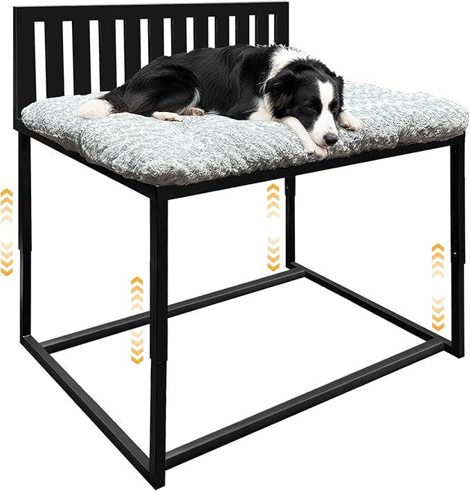 Heavy Duty Dog Bunk Bed, Adjustable Height Metal Dog Bed Frame with Wooden Side Panels & Washable Cushions, Elevated Raised Pet Bed for Large Dogs, 40.5''x28.5''