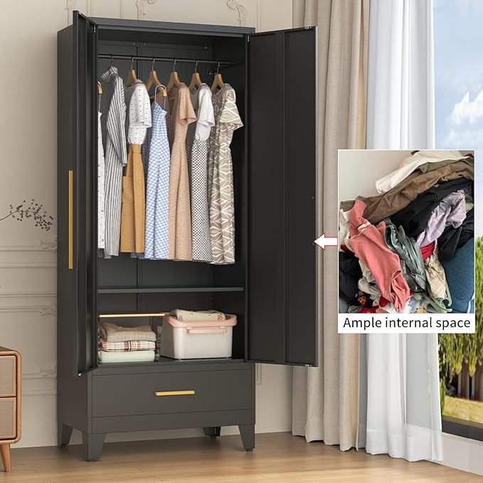 72" Tall Metal Wardrobe Closet - Large Clothing Storage Cabinet with 1 Hanging Rod, 1 Adjustable Shelve, 1 Drawer & Mirror Doors - Closet Organizer for Bedroom, Office, Laundry Room, Garage - Black