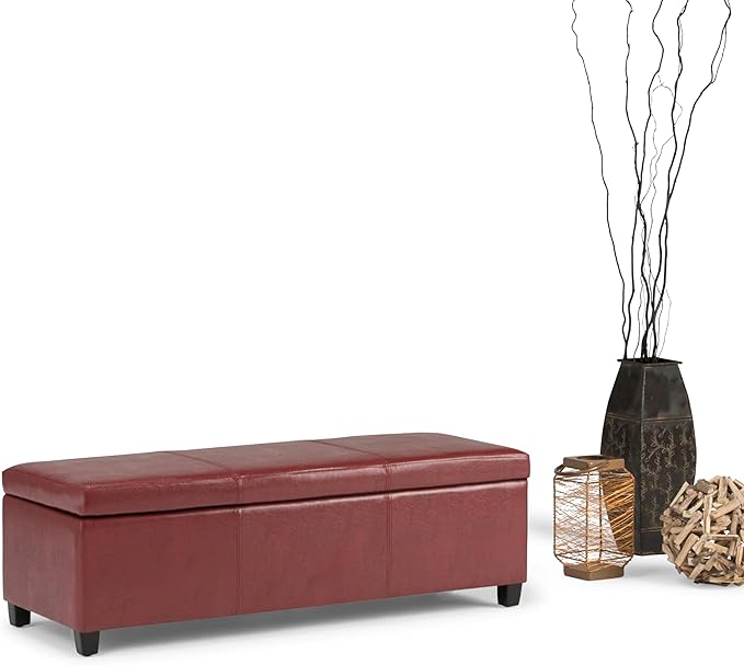 SIMPLIHOME Avalon Storage Ottoman Bench - 48" Wide x 16" High Upholstered Vegan Leather Rectangular Lift-Top Ottoman in Red, Contemporary Storage Bench for Living Room with High-Density Foam