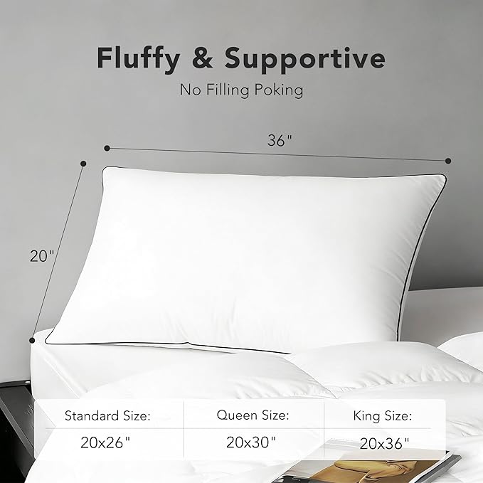 MAXICOZY Down Feather Pillow, White Duck Down and Feather Filled Pillow Inserts, Luxurious Hotel Bed Pillows with Cotton Blend Cover Fit for Back, Stomach and Side Sleeper, Queen Size, Firm, Set of 1