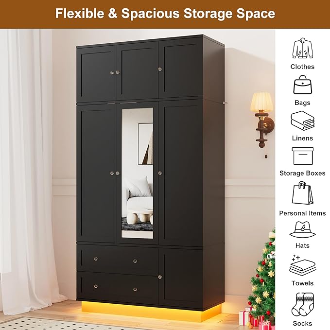92.2" Tall Armoire Wardrobe Closet with Mirror & Motion Sensor Light, Large Storage Cabinet with 2 Drawers, Hanging Rod & Adjustable LED Strip, Anti-Tipping Wood Bedroom Furniture, 47.4"L, Balck
